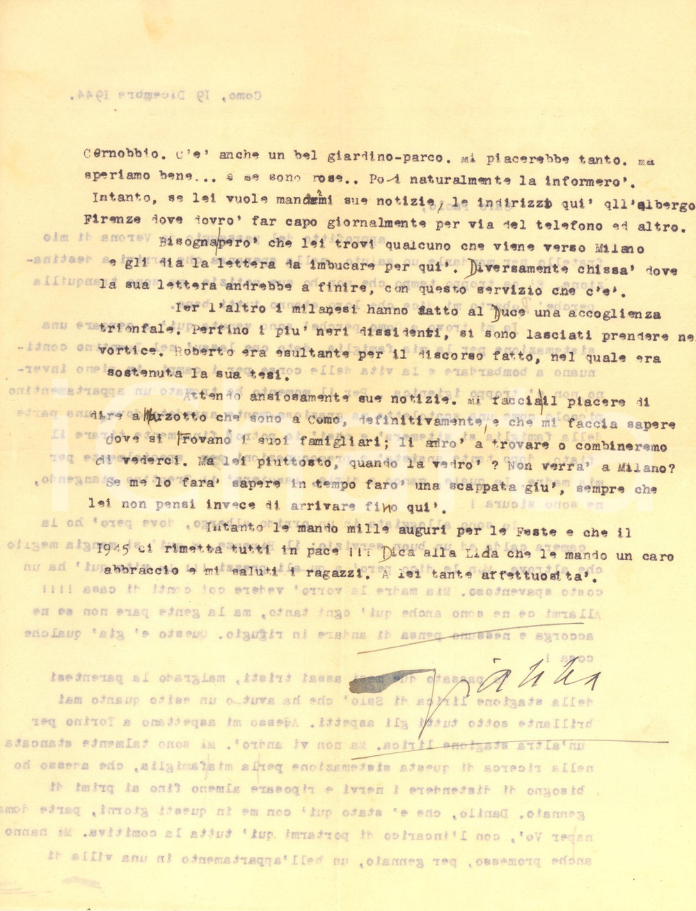 Autografo originale 1944 COMO Gianna PEDERZINI e l accoglienza milanese a Mussolini AUTOGRAFO 1