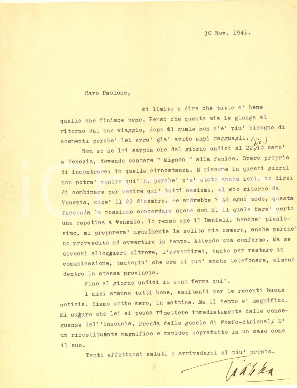 Autografo originale 1943 AVIO TN Gianna PEDERZINI in partenza per Mignon a Venezia AUTOGRAFO 1