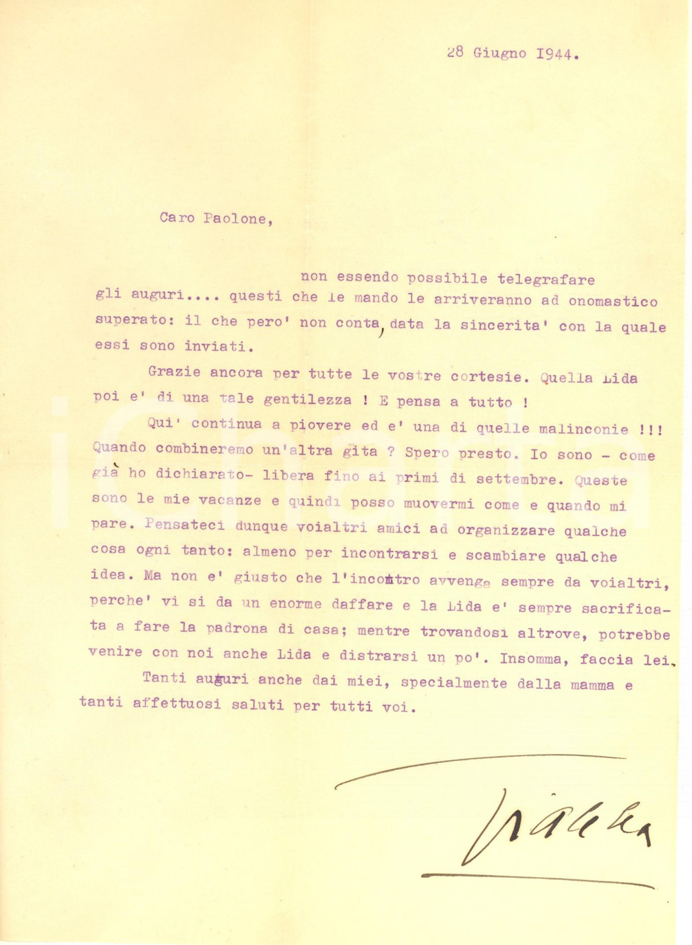 Autografo originale 1944 AVIO TN Gianna PEDERZINI invita gli amici per una gita AUTOGRAFO 1