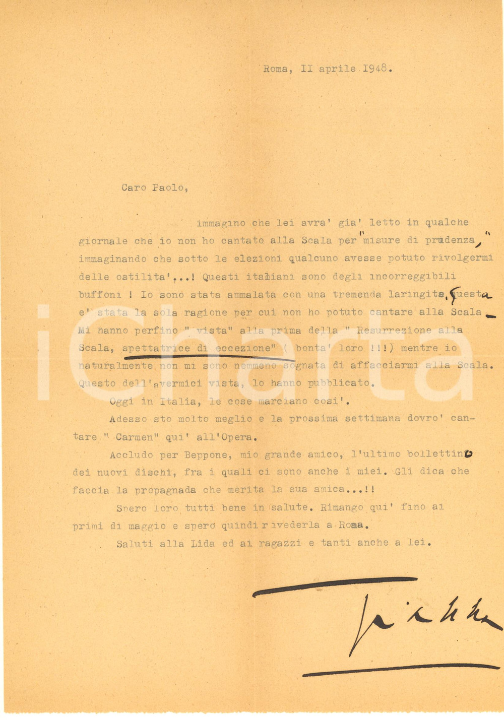 Autografo originale 1948 ROMA Soprano Gianna PEDERZINI Italiani buffoni incorreggibili AUTOGRAFO 1