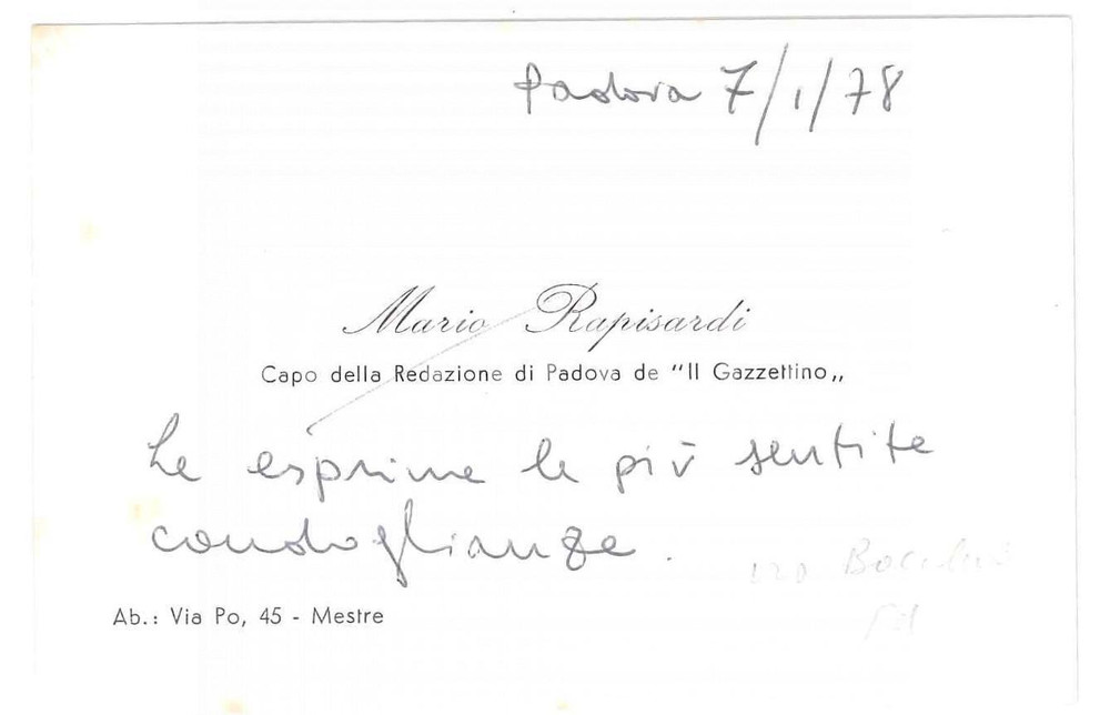 Autografo originale 1978 PADOVA Mario RAPISARDI de Il Gazzettino  Biglietto da visita AUTOGRAFO 1
