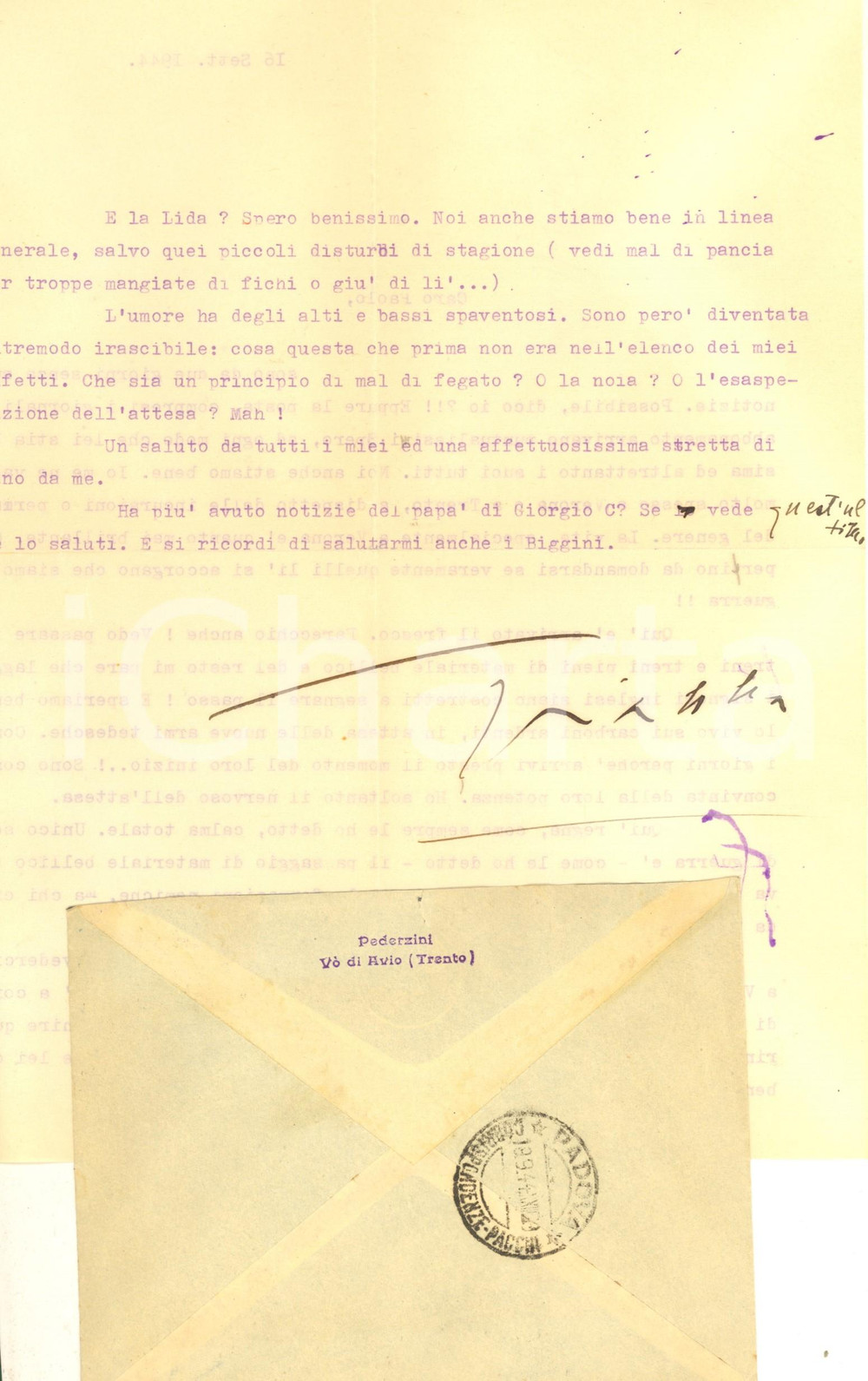 Autografo originale 1944 WW2 AVIO TN Gianna PEDERZINI spera nelle armi tedesche AUTOGRAFO 1