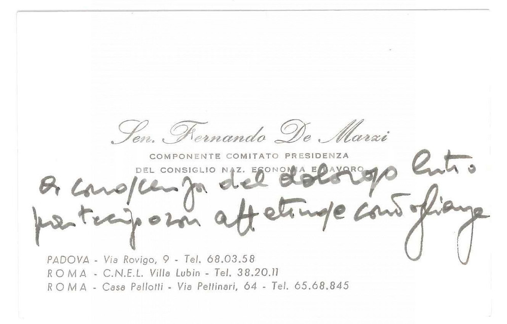 Autografo originale 1975 ca PADOVA Senatore Fernando DE MARZI Biglietto da visita AUTOGRAFO 13x8 1