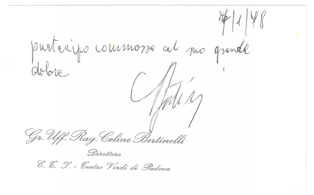 Autografo originale 1978 TEATRO VERDI DI PADOVA Celino BERTINELLI Biglietto da visita AUTOGRAFO 13x8 1