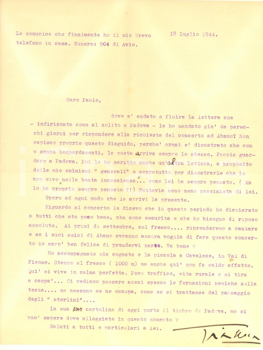 Autografo originale 1944 AVIO Soprano Gianna PEDERZINI rinuncia ai concerti estivi AUTOGRAFO 1