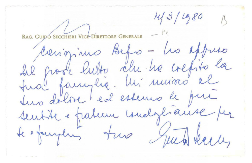 Autografo originale 1980 BANCA CATTOLICA DEL VENETO Rag. Guido SECCHIERI Biglietto visita AUTOGRAFO 1