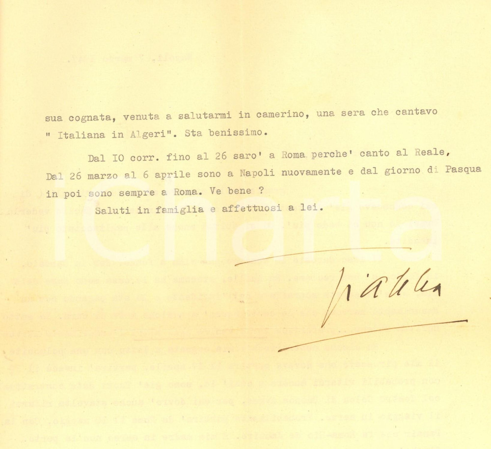 Autografo originale 1947 NAPOLI Soprano Gianna PEDERZINI tra successi ininterrotti AUTOGRAFO 1