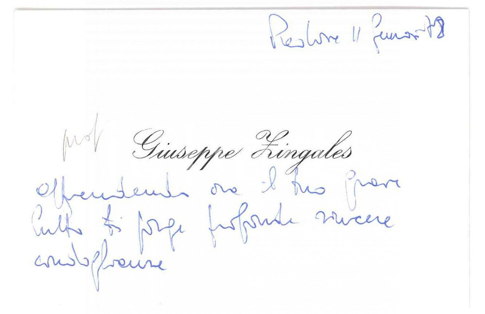 Autografo originale 1980 ca PADOVA Prof. Giuseppe ZINGALES Biglietto da visita AUTOGRAFO 10x7 cm 1