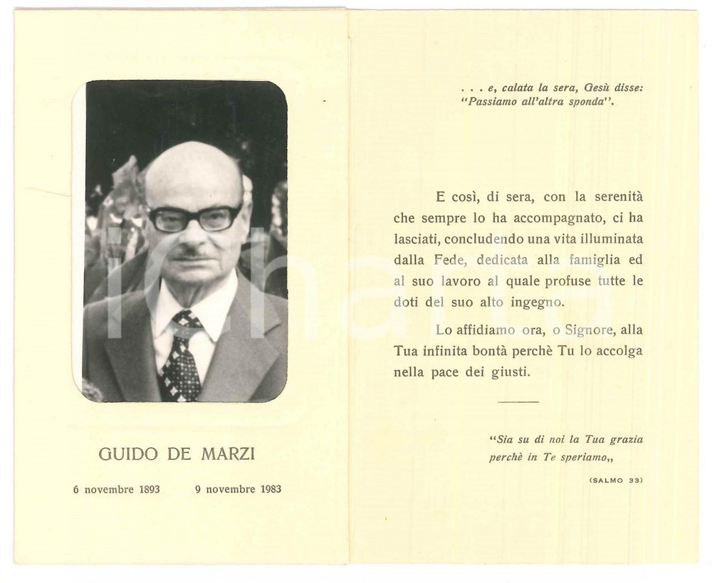 Oggetto da collezione cartaceo 1983 ITALIA In memoria di Guido DE MARZI Santino illustrato 7x12 cm 1