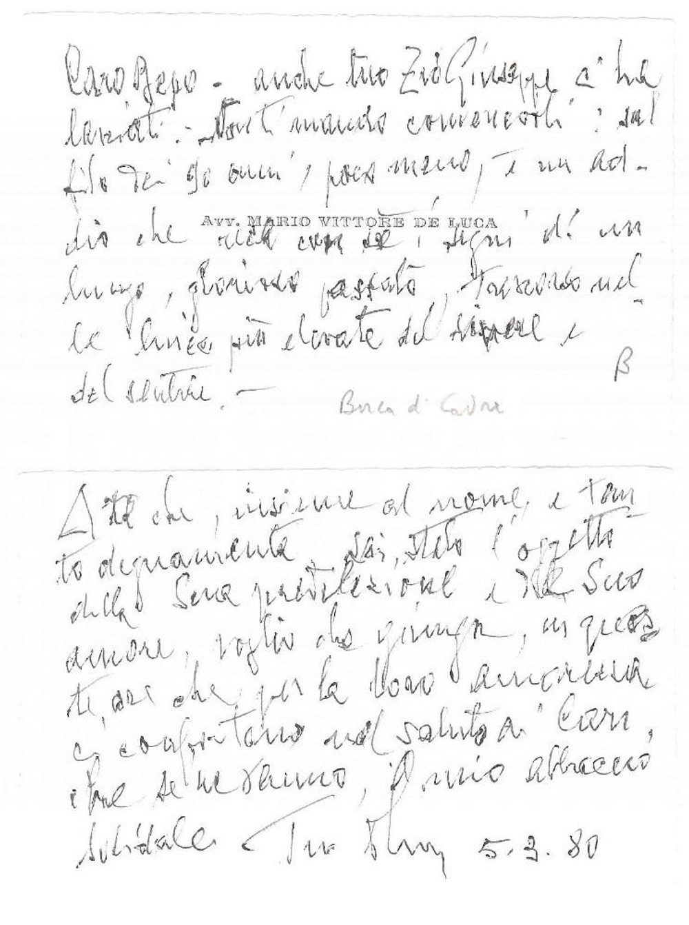 Autografo originale 1980 ITALIA Avv. Mario Vittore DE LUCA Biglietto da visita AUTOGRAFO 11x7 cm 1