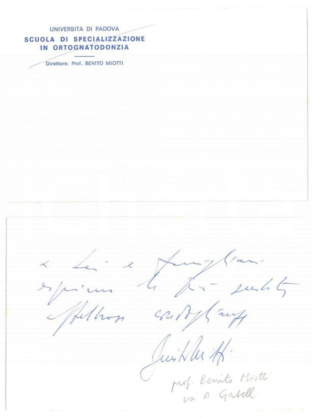 Autografo originale 1978 UNIVERSITÃ€ DI PADOVA Benito MIOTTI Biglietto da visita AUTOGRAFO 13x8 cm 1