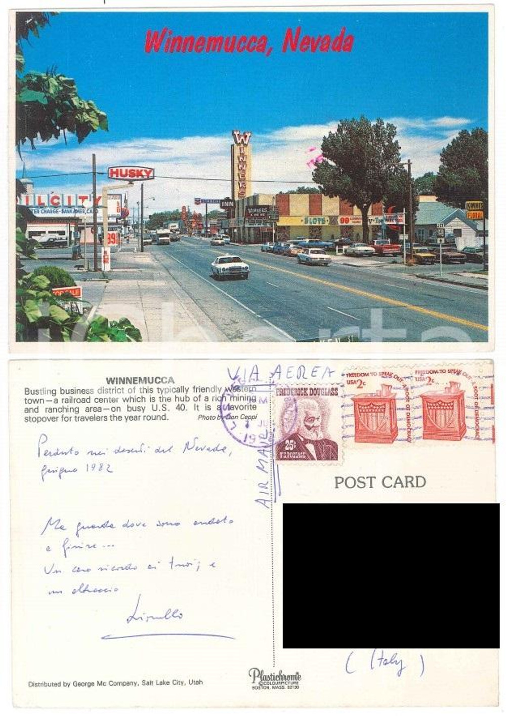 1982 WINNEMUCCA, NEVADA Autografo di Lionello PUPPI Cartolina FG VG