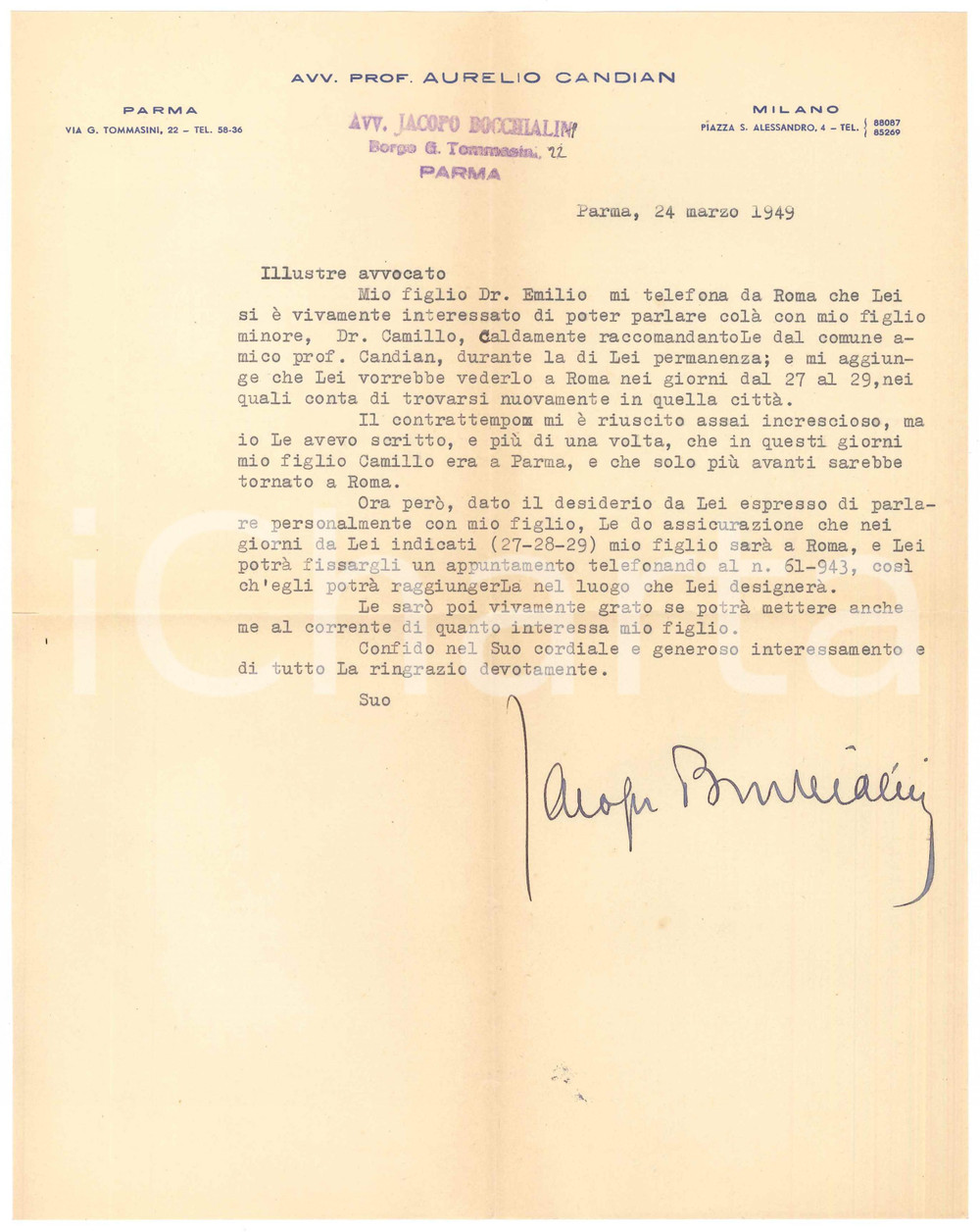 Autografo originale 1949 PARMA Lettera avv. Jacopo BOCCHIALINI per appuntamento  Autografo 1