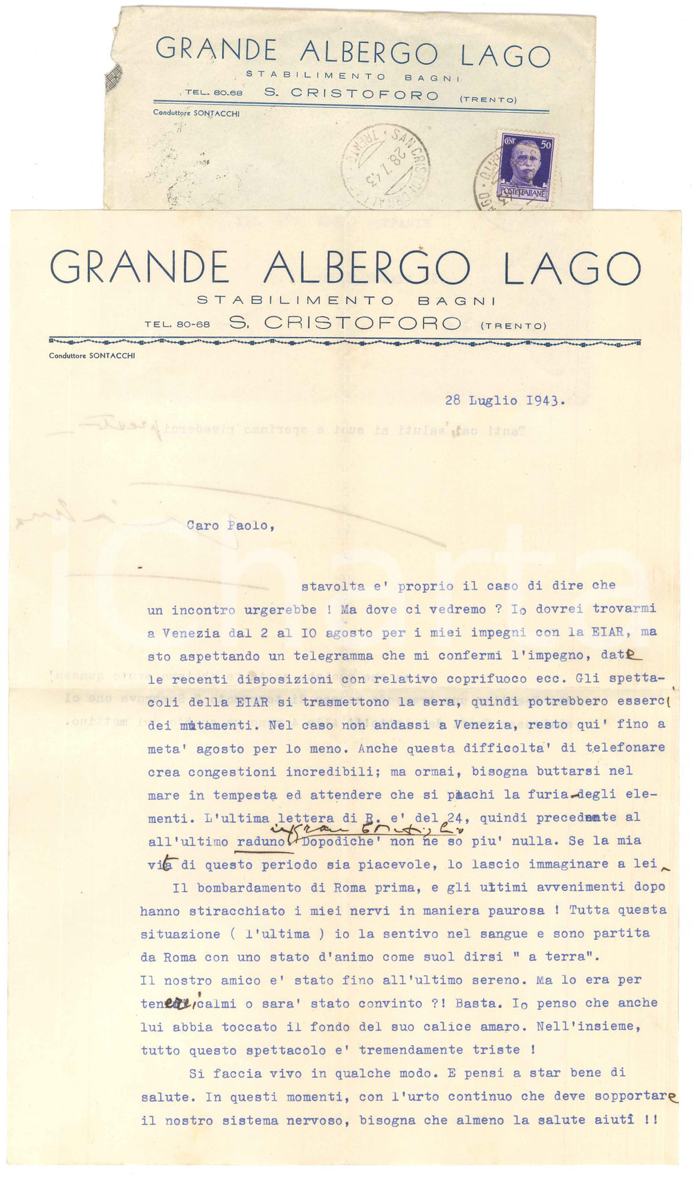 Autografo originale 1943 SAN CRISTOFORO AL LAGO Gianna PEDERZINI scossa dalla guerra AUTOGRAFO 1