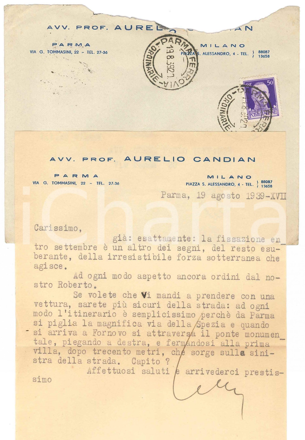 Autografo originale 1939 MILANO Lettera Aurelio CANDIAN a un collega in arrivo  Autografo 1