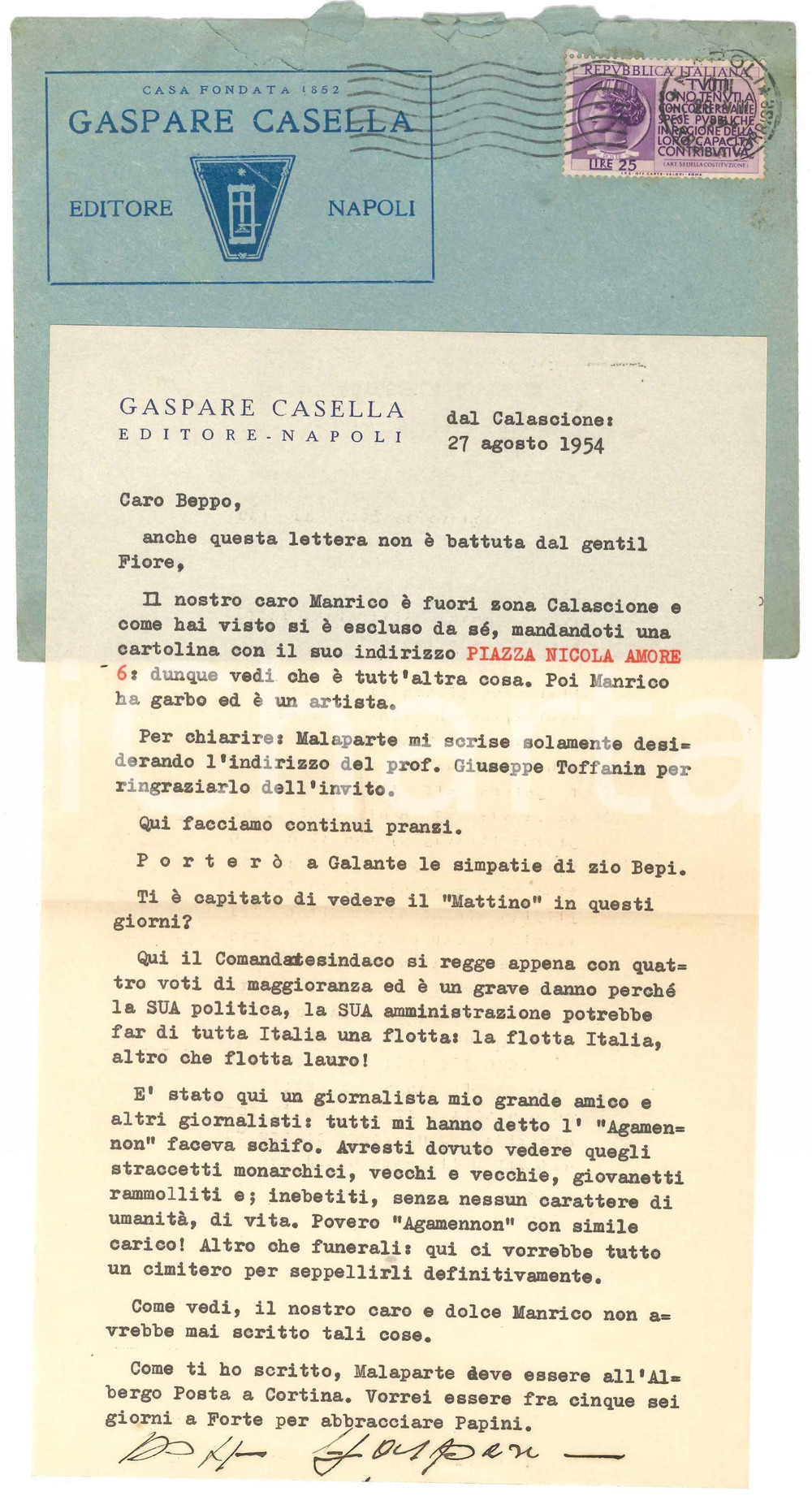 Autografo originale 1954 NAPOLI Lettera editore Gaspare CASELLA sul Mattino   Autografo 1