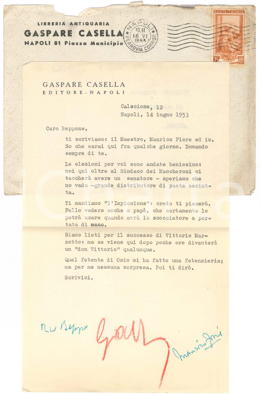 Autografo originale 1953 NAPOLI Gaspare CASELLA in attesa di un amico  Autografo Manrico FIORE 1