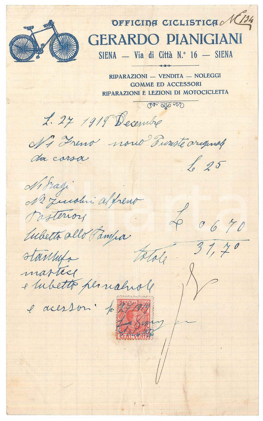 Documento originale, autentico 1919 SIENA via di Città  Officina ciclistica Gerardo PIANIGIANI  Conto 1