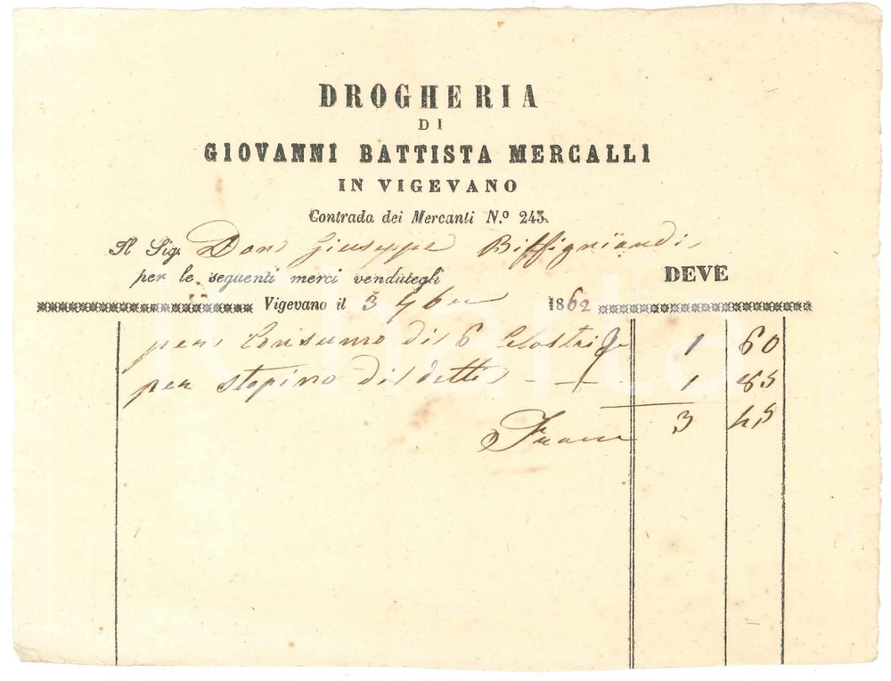 Documento originale, autentico 1862 VIGEVANO Contrada dei mercanti  Drogheria Giovanni Battista MERCALLI 3 1