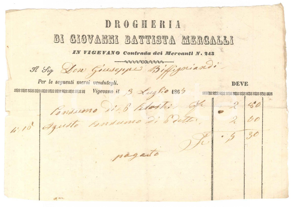 Documento originale, autentico 1865 VIGEVANO Contrada dei mercanti  Drogheria Giovanni Battista MERCALLI 2 1