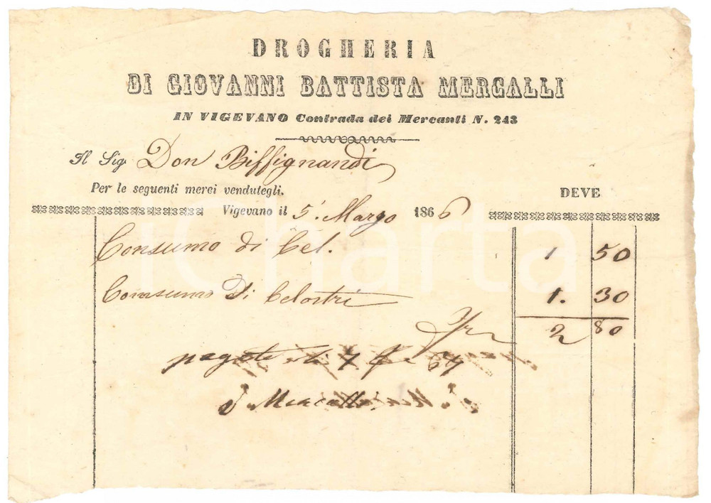 Documento originale, autentico 1866 VIGEVANO Contrada dei mercanti  Drogheria Giovanni Battista MERCALLI 1 1