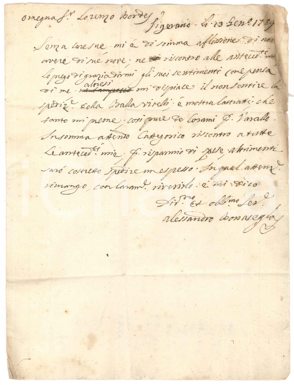 Manoscritto, lettera originale 1789 VIGEVANO Lettera Alessandro BONASEGLA su vitelli per mostra di castrati 1