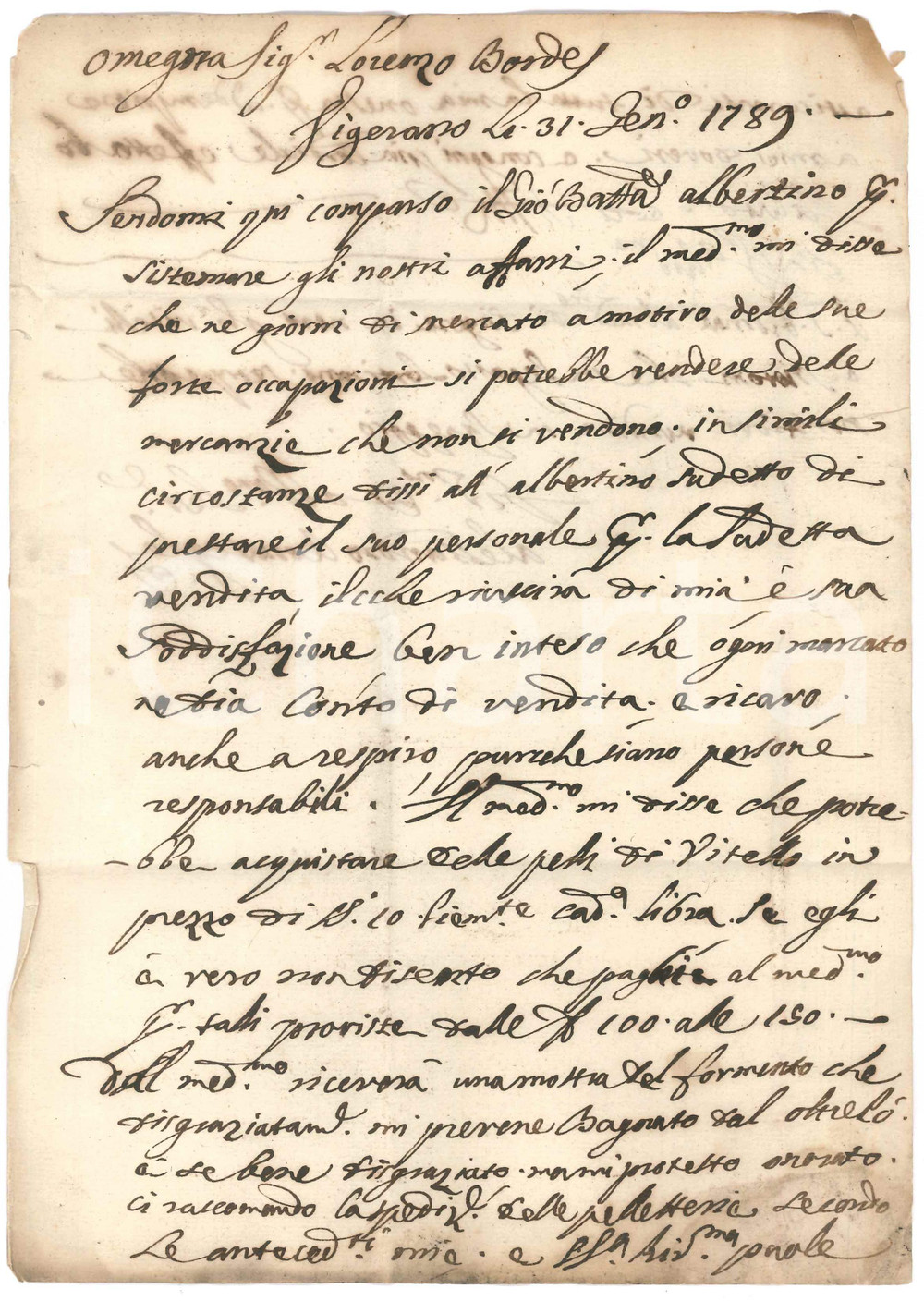Manoscritto, lettera originale 1789 VIGEVANO Lettera Alessandro BONASEGLA su commercio di pelli di vitello 1