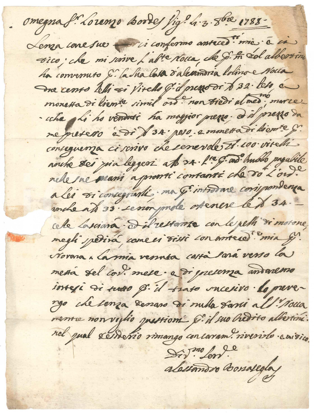 Manoscritto, lettera originale 1788 VIGEVANO Lettera Alessandro BONASEGLA su compravendita di vitelli 1