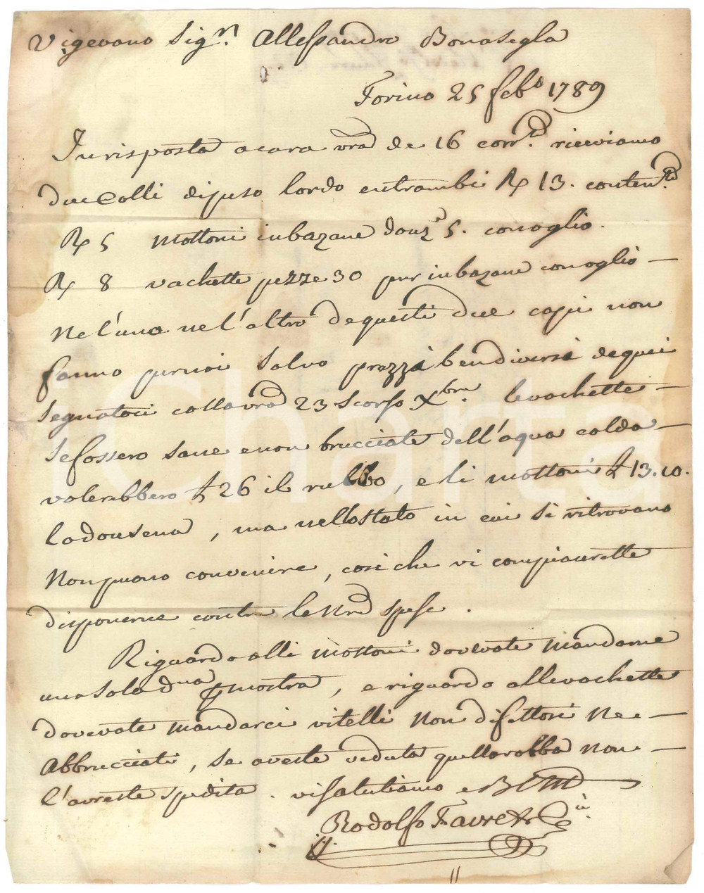 Manoscritto, lettera originale 1789 TORINO Rodolfo FAVRETTO riceve pelli bruciate e difettose Lettera 1
