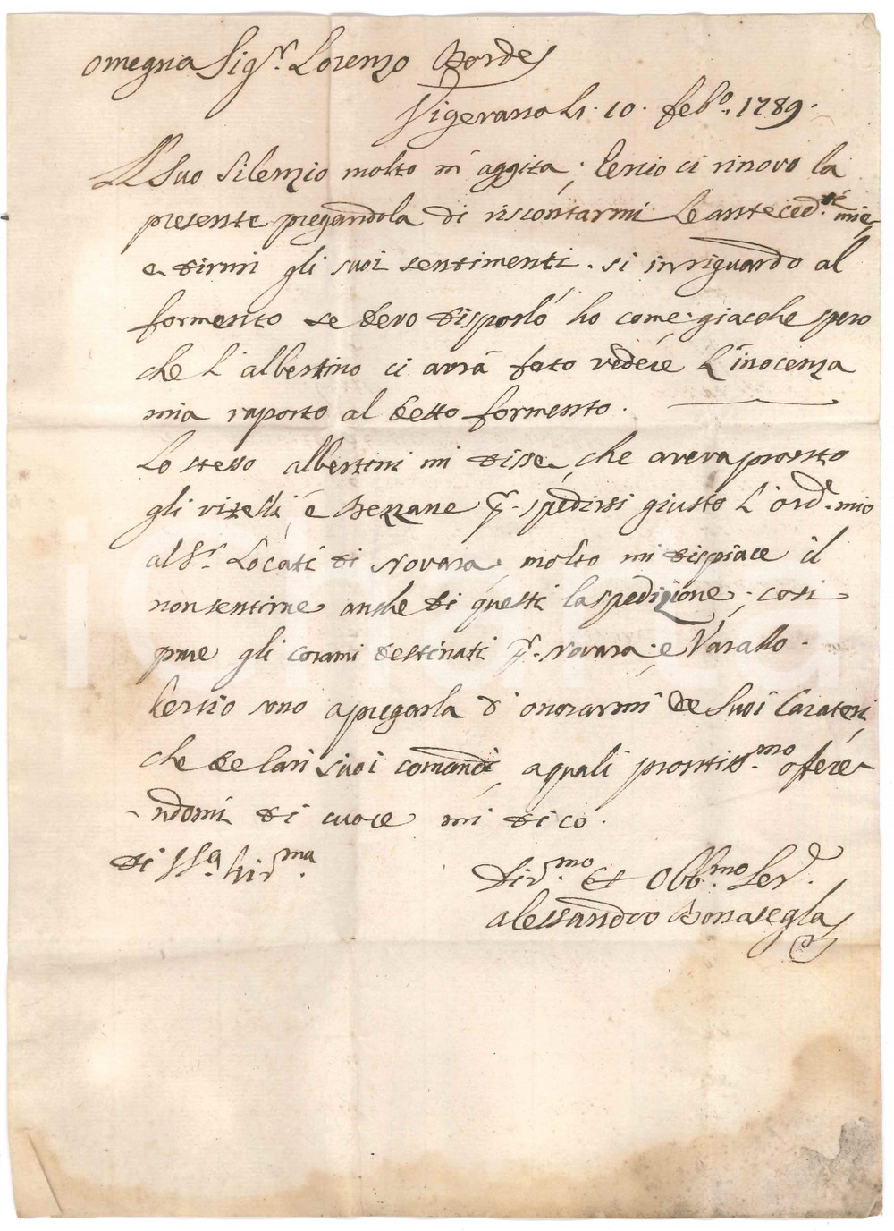 Manoscritto, lettera originale 1789 VIGEVANO Lettera Alessandro BONASEGLA su fornitura di frumento 1