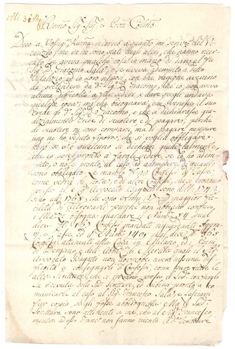 Manoscritto, lettera originale 1781 MERATE Lettera Federico SALA su vitalizio del defunto don Giacomo Lettera 1