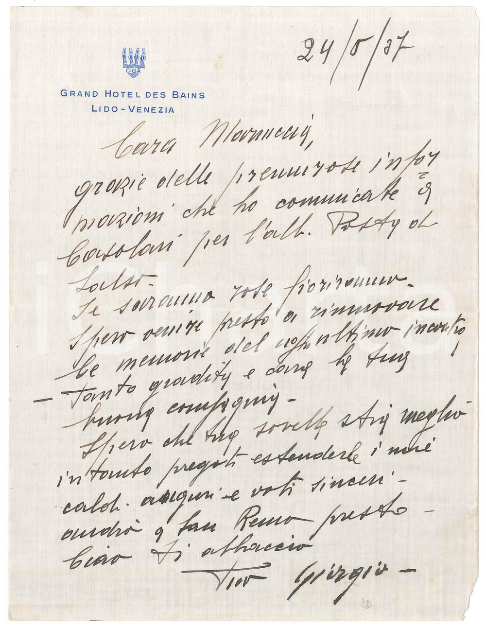 Autografo originale 1937 VENEZIA Grand Hotel des Bains  Lettera Giorgio ZAMBERLAN  AUTOGRAFO 1