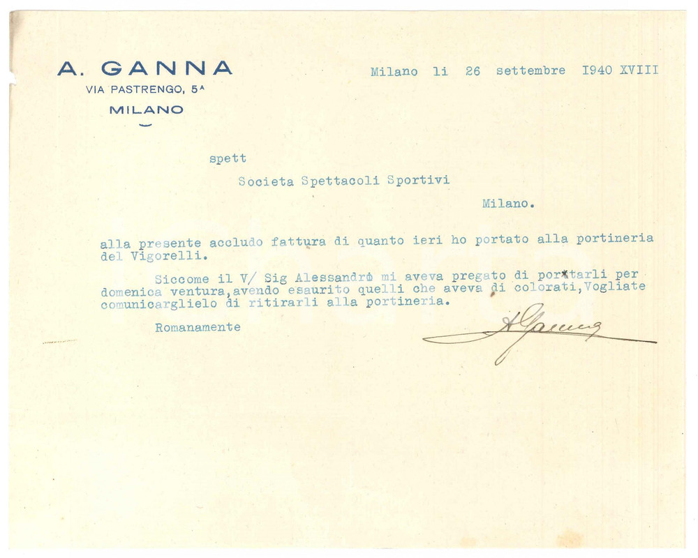 Autografo originale 1940 MILANO Ditta Antonio GANNA  Lettera per servizi alle gare di ciclismo 1