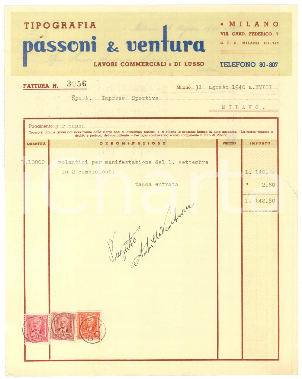 Documento originale, autentico 1940 MILANO Tipografi PASSONI & VENTURA Fattura volantini Velodromo VIGORELLI 2 1