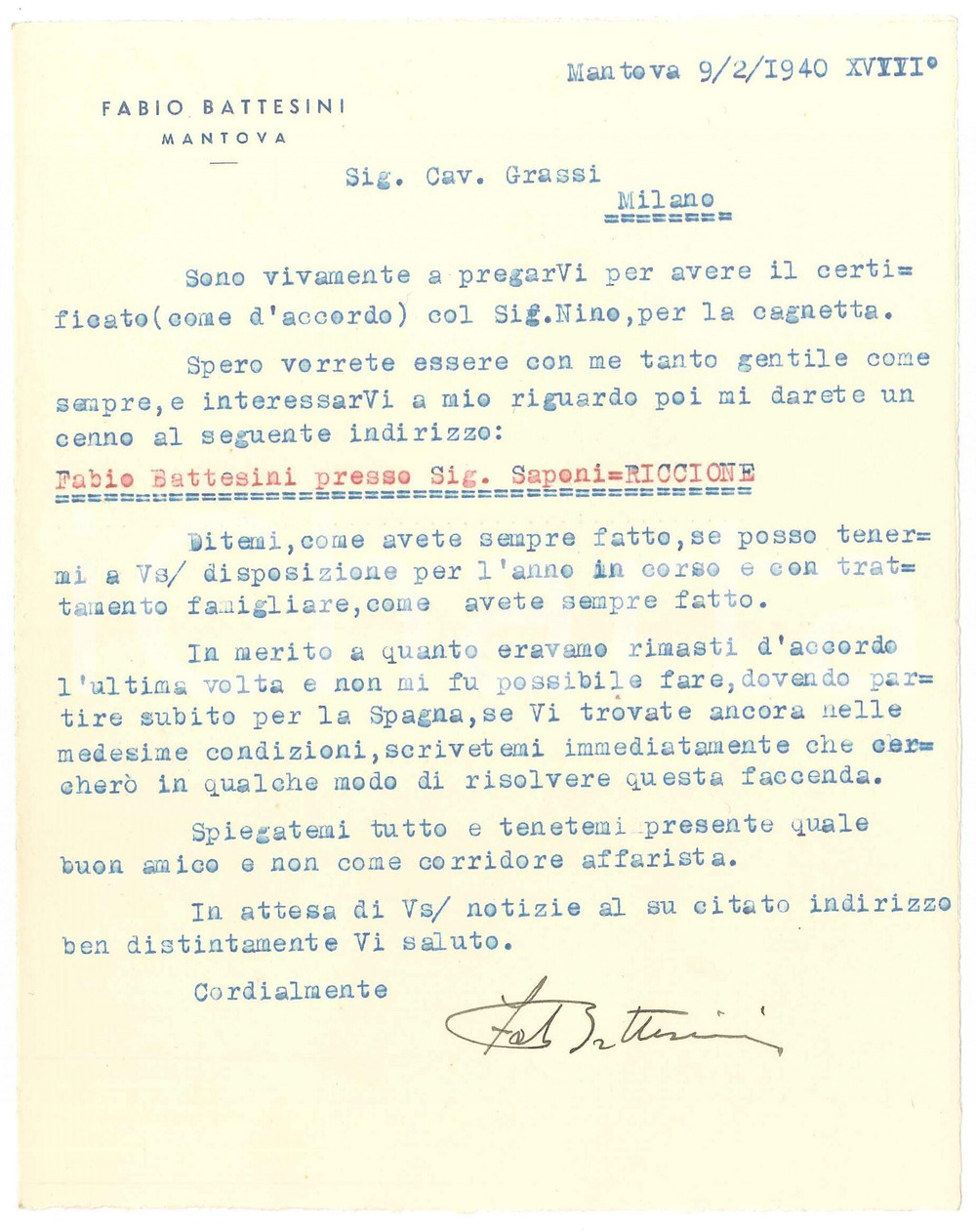 Autografo originale 1940 CICLISMO MANTOVA Lettera Fabio BATTESINI pronto per le gare  AUTOGRAFO 1