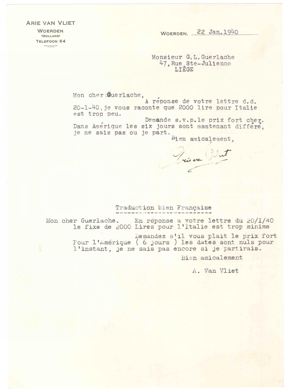 Autografo originale 1940 CICLISMO WOERDEN Lettera Arie VAN VLIET per aumento compenso  Autografo 1