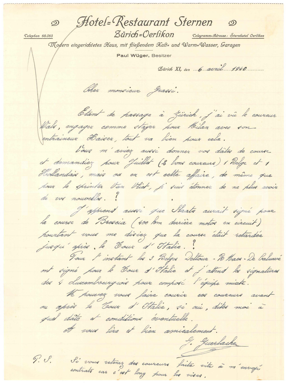 Autografo originale 1940 CICLISMO ZURICH Lettera Guillaume GUERLACHE sui suoi corridori  Autografo 1
