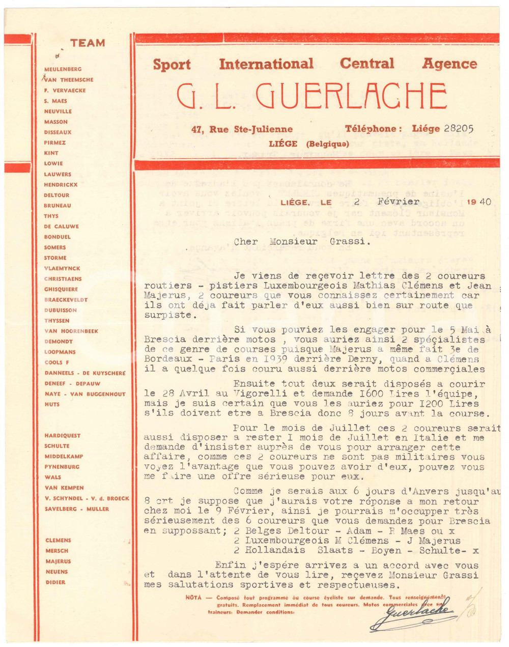 Autografo originale 1940 CICLISMO LIEGI Guillaume GUERLACHE su ingaggi corridori a Brescia  Lettera 1