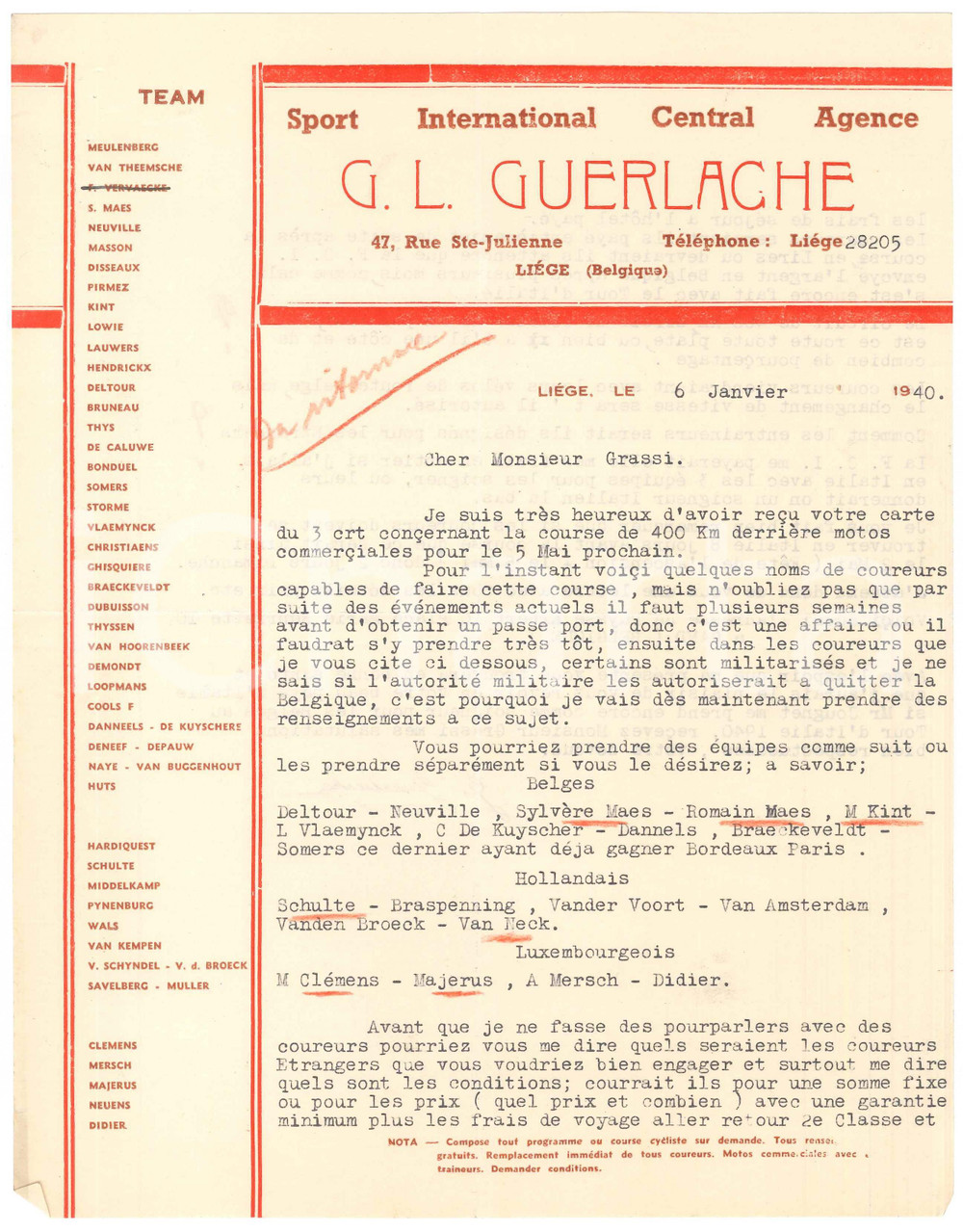 Autografo originale 1940 CICLISMO LIEGI Guillaume GUERLACHE offre Ã©quipe di corridori  Lettera 1