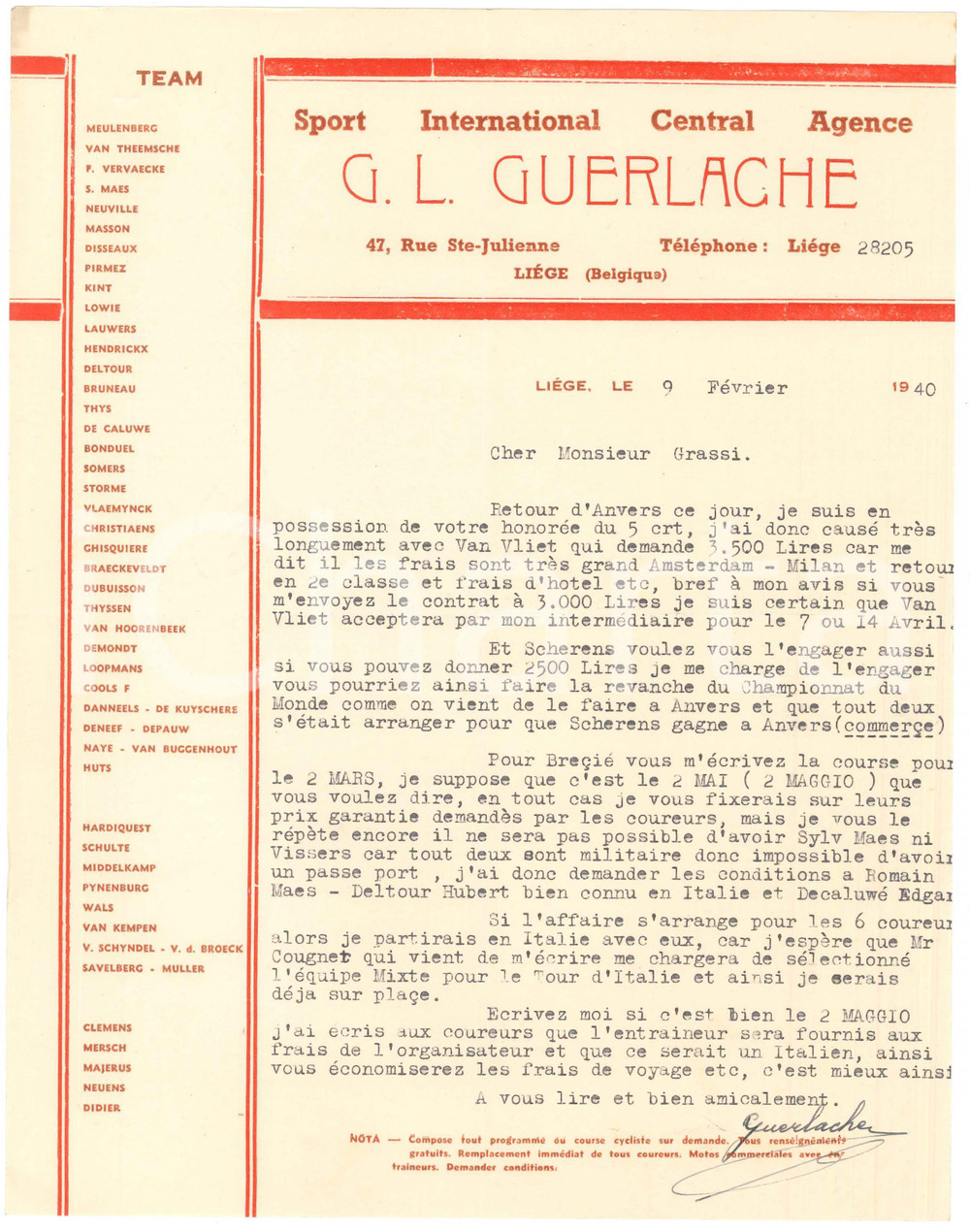 Autografo originale 1940 CICLISMO LIEGI Guillaume GUERLACHE su ingaggi corridori in Italia  Lettera 1