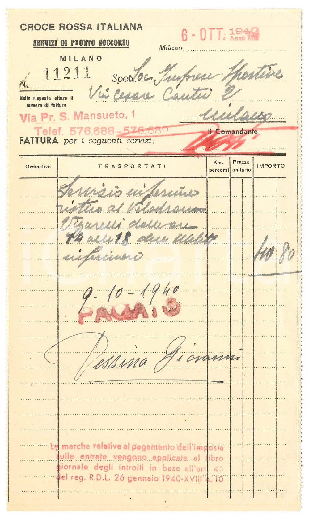 Documento originale, autentico 1940 MILANO CROCE ROSSA Fattura servizio infermieristico Gara CICLISMO 1