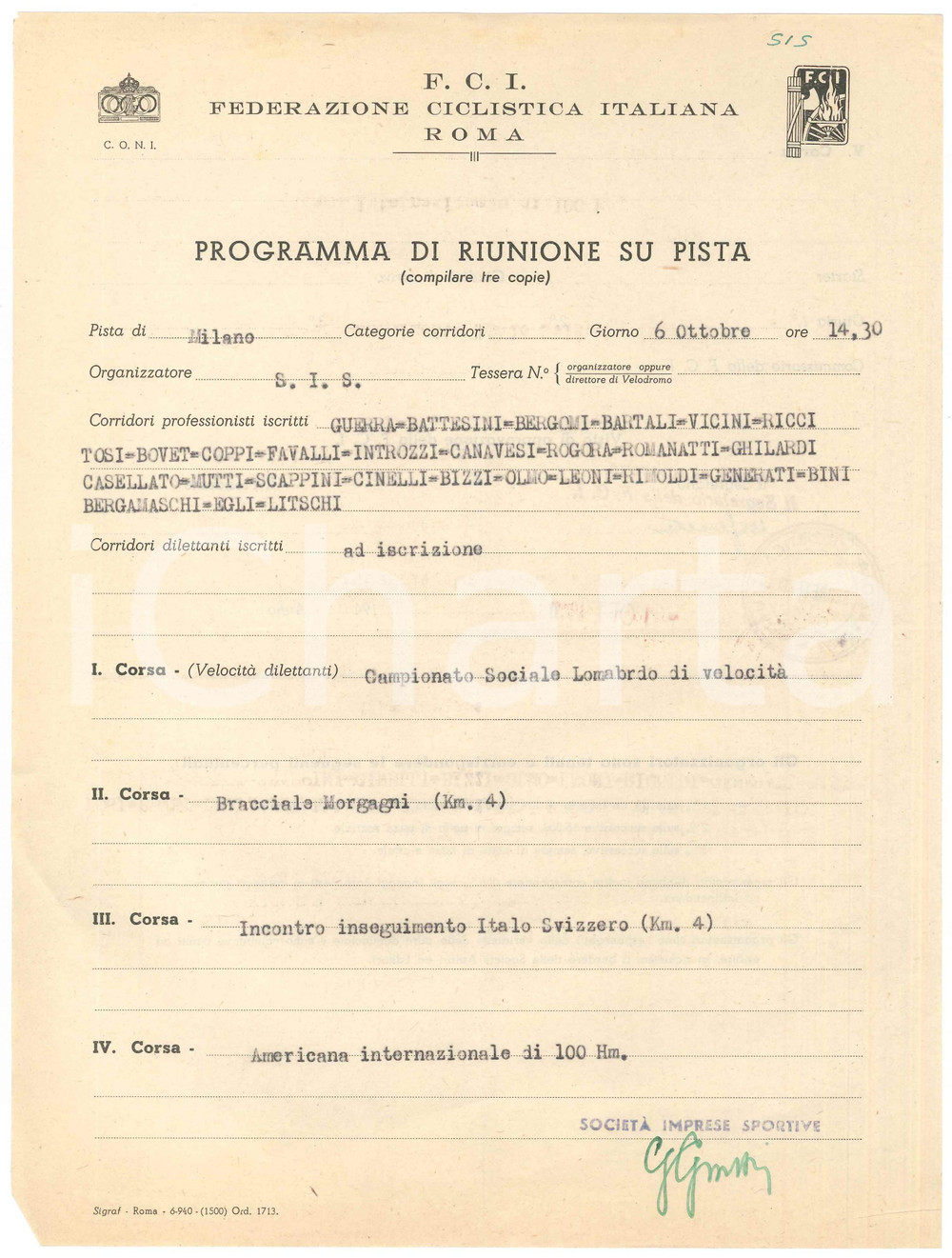 Documento originale, autentico 1940 CICLISMO MILANO Vigorelli  Programma riunione su pista GUERRA BARTALI 1