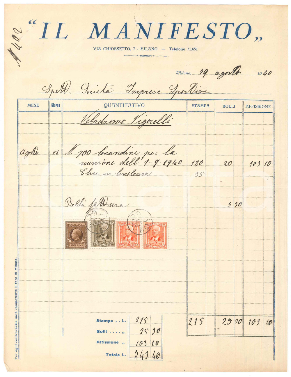 Documento originale, autentico 1940 MILANO Tipografia IL MANIFESTO  Fattura locandine CICLISMO Vigorelli 3 1