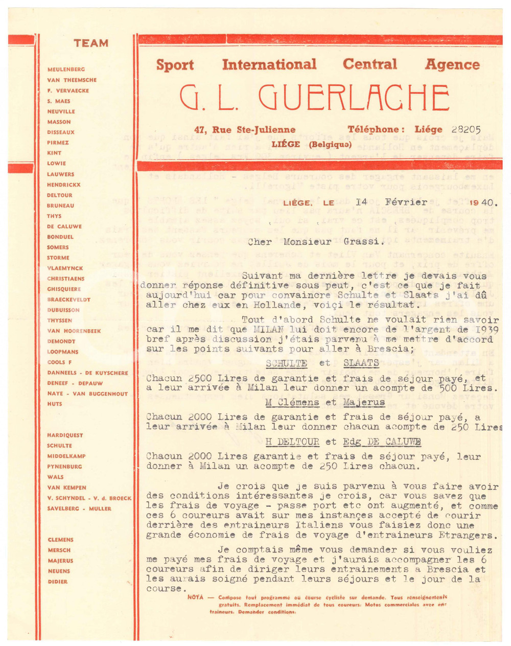 Autografo originale 1940 CICLISMO LIEGI Guillaume GUERLACHE su ingaggi dei suoi corridori  Lettera 1