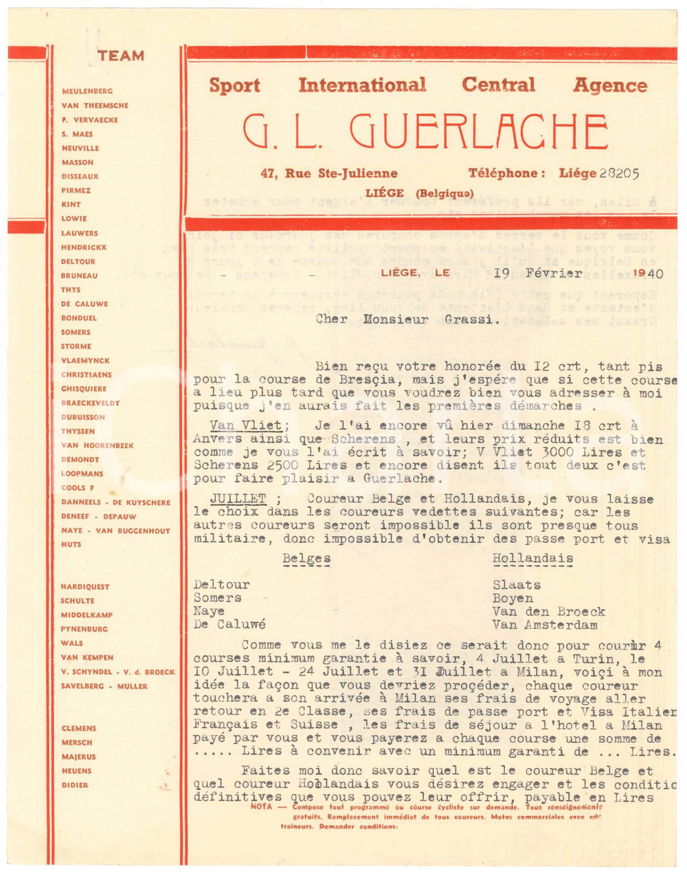 Autografo originale 1940 CICLISMO LIEGI Guillaume GUERLACHE propone corridori per l Italia  Lettera 1