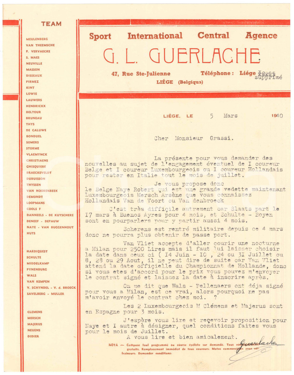 Autografo originale 1940 CICLISMO LIEGI Guillaume GUERLACHE manda VAN VLIET a Milano  Lettera 1