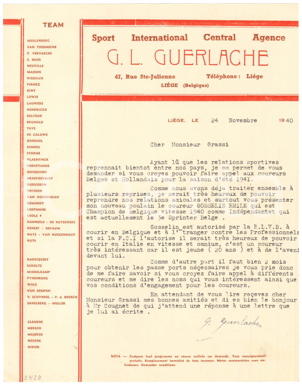 Autografo originale 1940 CICLISMO LIEGI Guillaume GUERLACHE promuove Emile GOSSELIN  Lettera 1