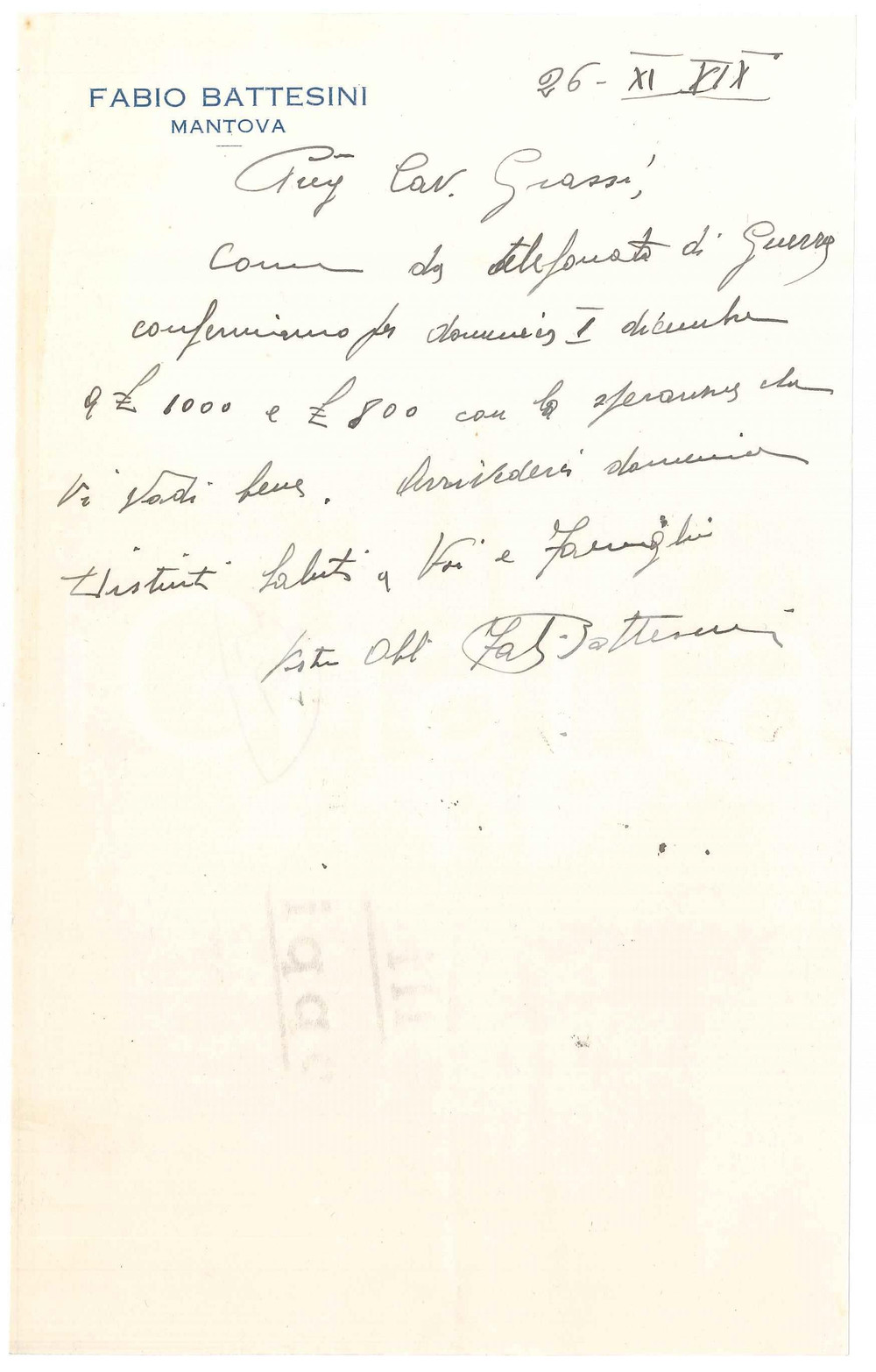 Autografo originale 1940 CICLISMO MANTOVA Lettera Fabio BATTESINI per conferma ingaggio  AUTOGRAFO 1