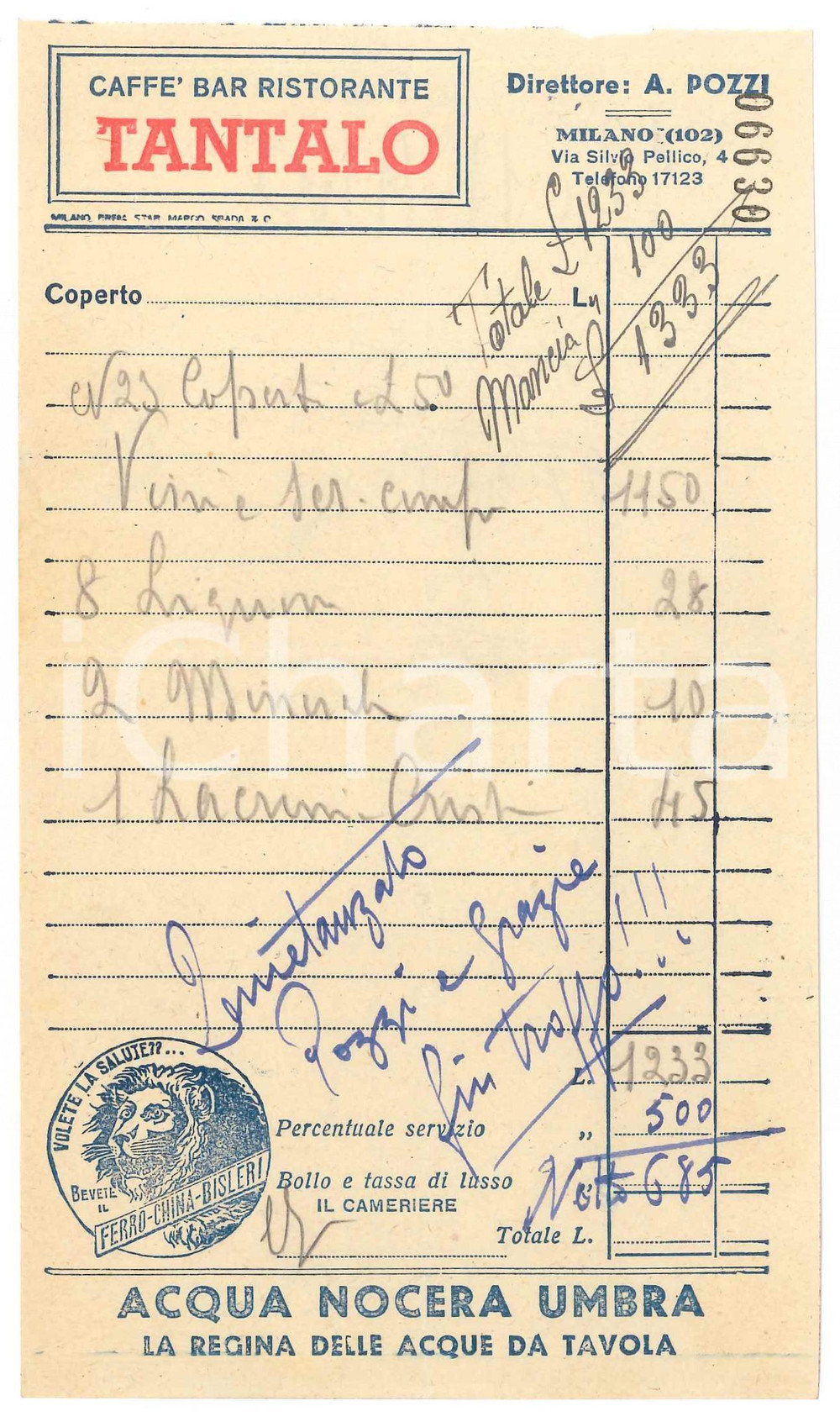 1940 MILANO via Pellico - Caffè ristorante TANTALO - Ricevuta ACQUA NOCERA UMBRA