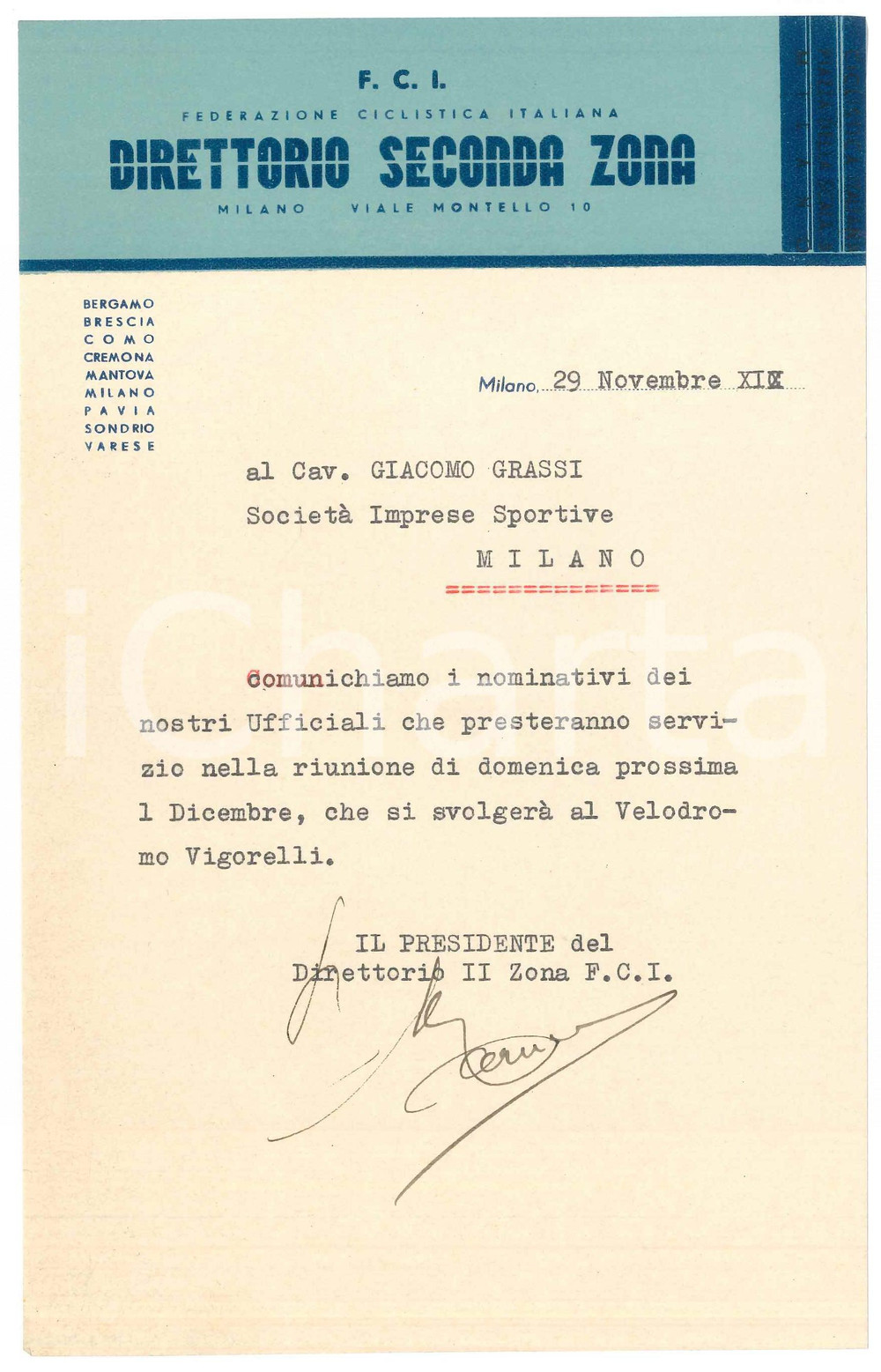 Documento originale, autentico 1940 F.C.I. CICLISMO MILANO Direttorio Seconda Zona  Ufficiali in servizio 1